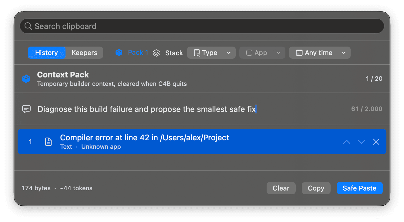 Clip 4 Breakfast Context Pack showing an instruction, one ordered builder item, the 20-item boundary, rendered size, token estimate, and Safe Paste.