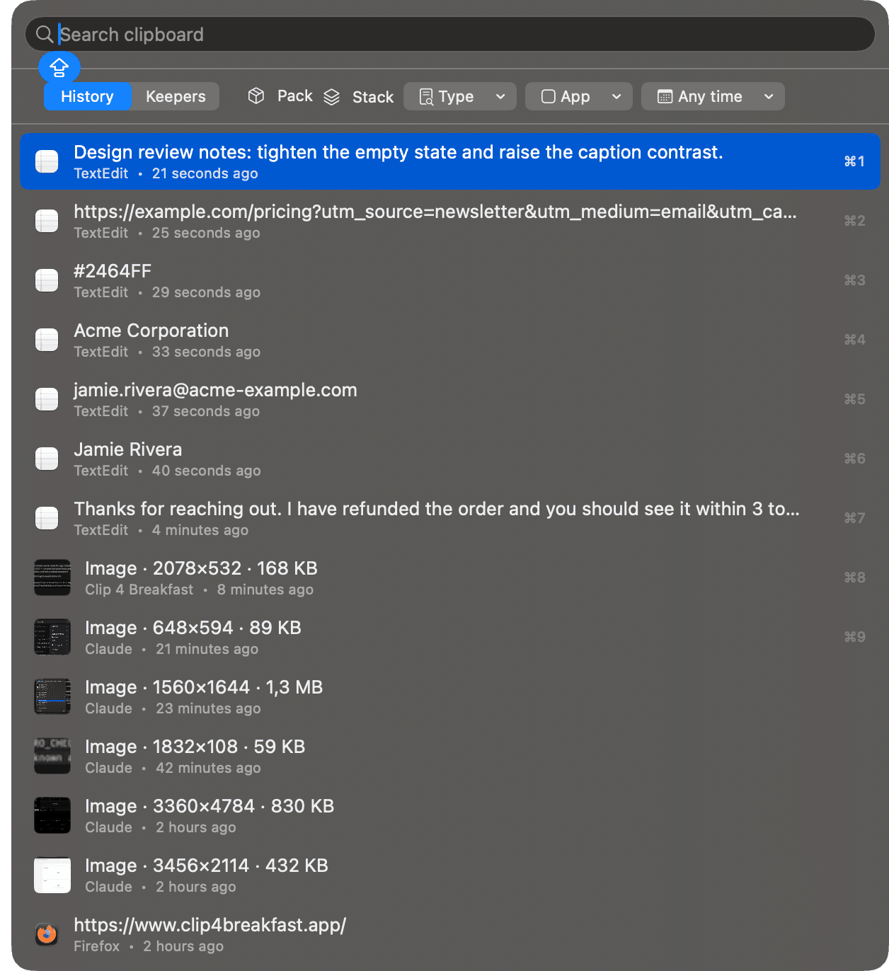 Clip 4 Breakfast launcher showing recent clips with their source app, age, and paste shortcut.