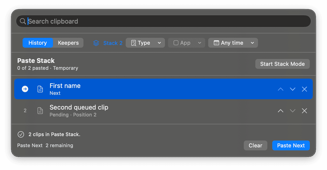 Clip 4 Breakfast Paste Stack showing two queued clips and Paste Next controls.