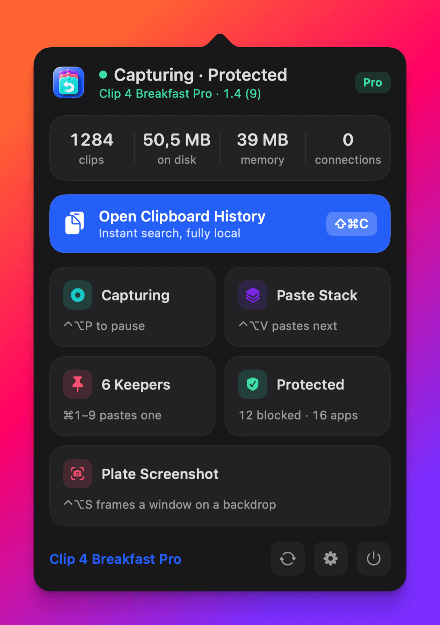 The Clip 4 Breakfast command center popover, captured with the Plate Screenshot shortcut and framed on the Candy backdrop with padding, rounded corners, and a soft shadow.
