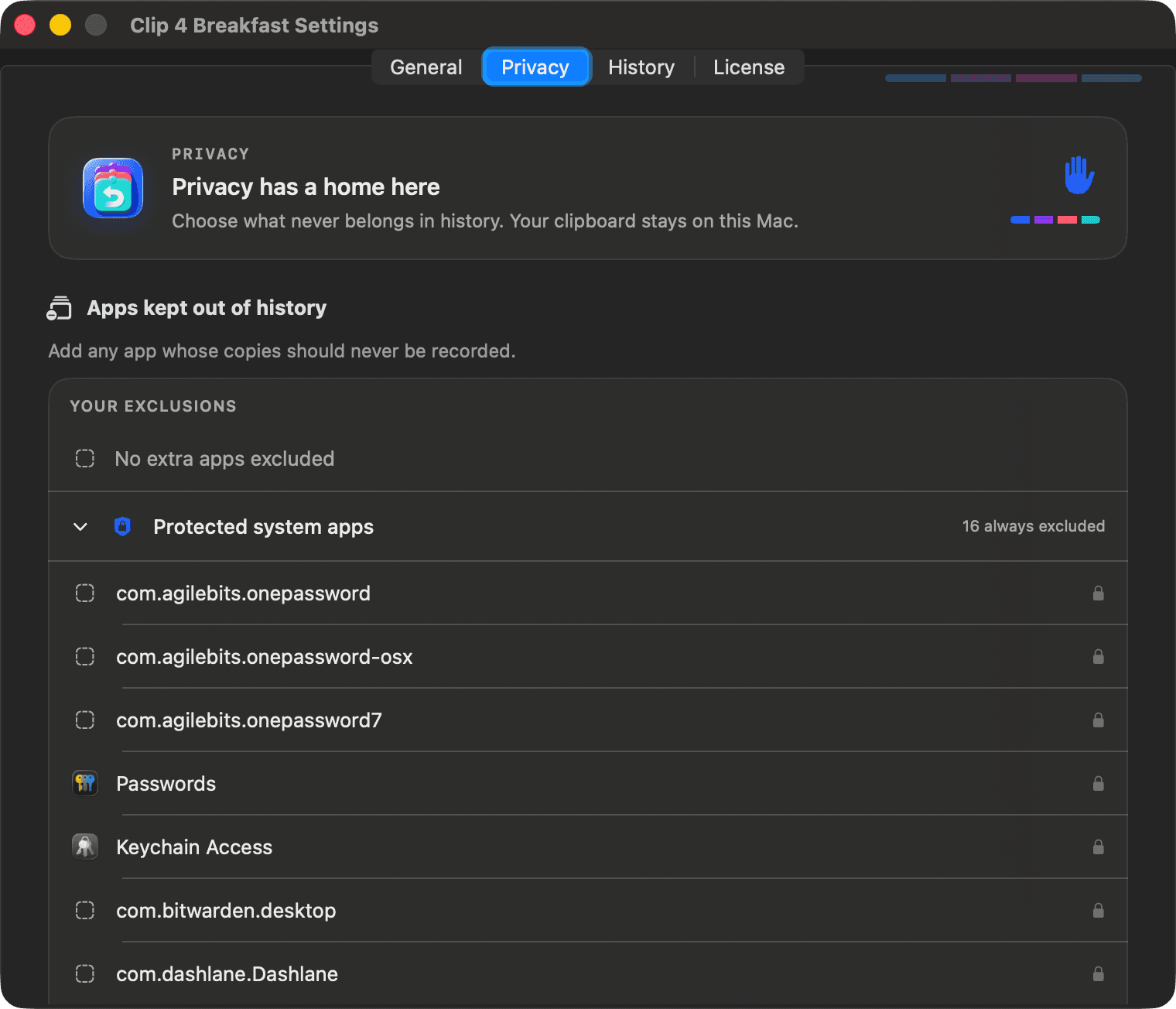 Clip 4 Breakfast privacy settings listing always-excluded password managers including 1Password, Keychain Access, Bitwarden, and Dashlane.