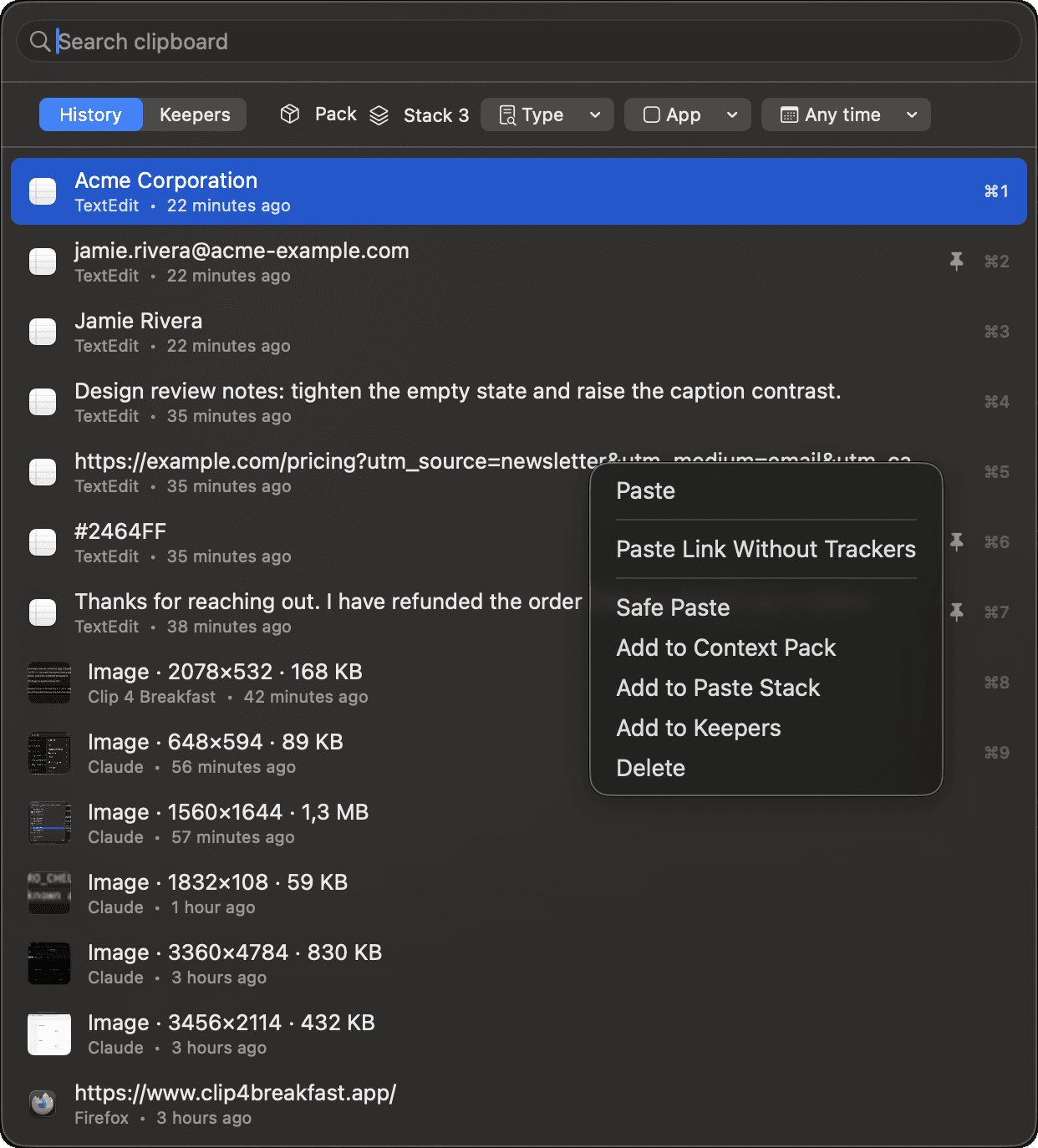 Clip 4 Breakfast actions for a tracking URL showing Paste Link Without Trackers, Safe Paste, Add to Context Pack, Add to Paste Stack, and Add to Keepers.
