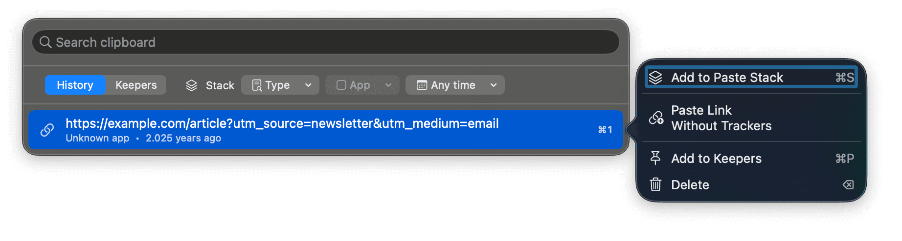 Clip 4 Breakfast actions showing Paste Link Without Trackers for a selected URL.